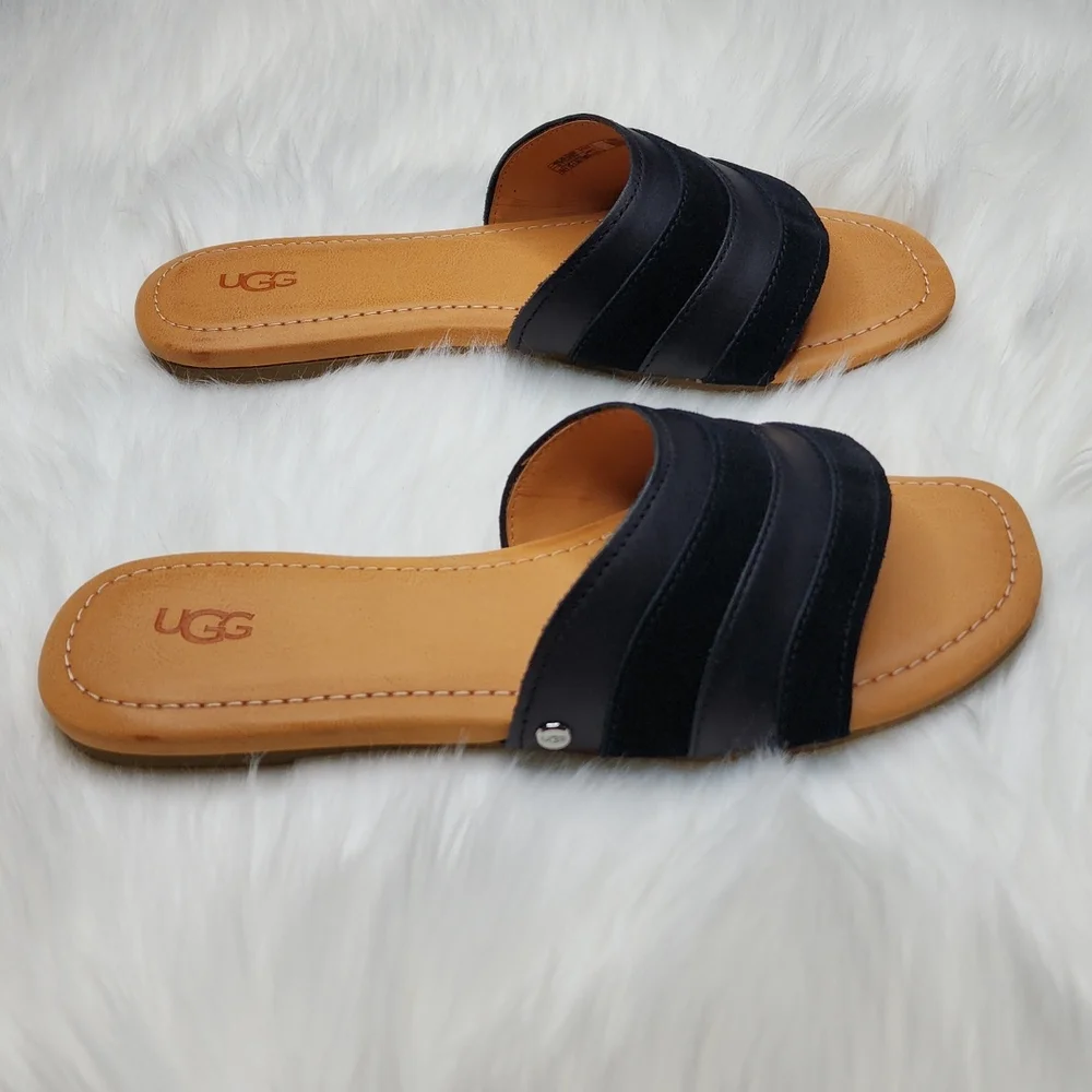UGG Ximena Slip On Slide Sandals Black Leather